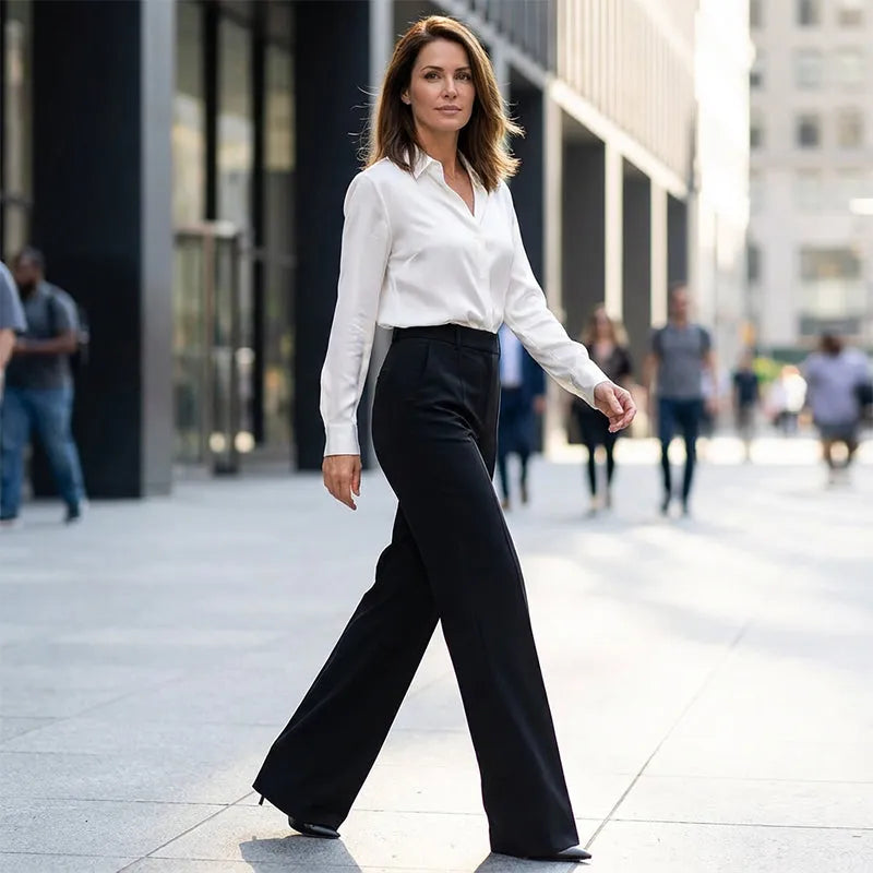 Women's High Waisted Elegant Straight Leg Trousers with Front Pleats