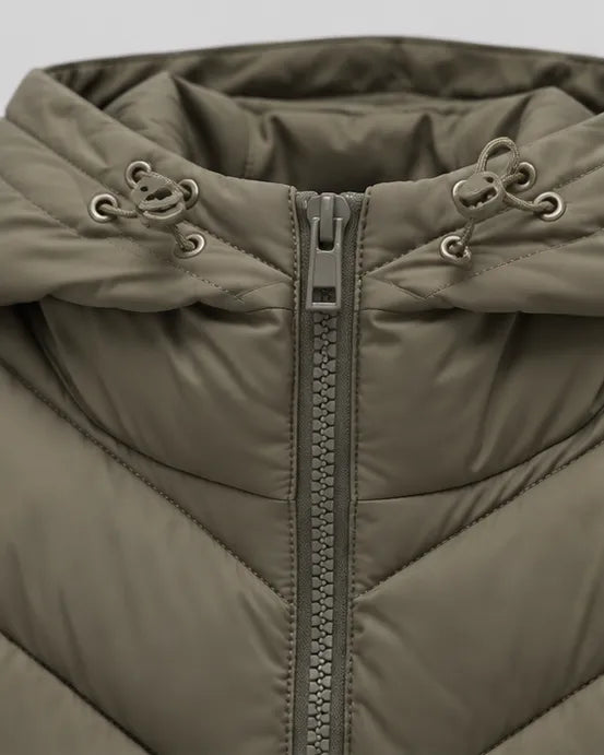 Women's Hooded Chevron Quilted Puffer Jacket with Full Zip