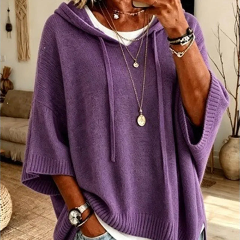 Women's Knit Hooded Sweater with Drawstring Details