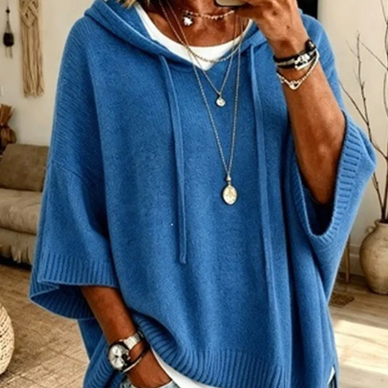 Women's Knit Hooded Sweater with Drawstring Details