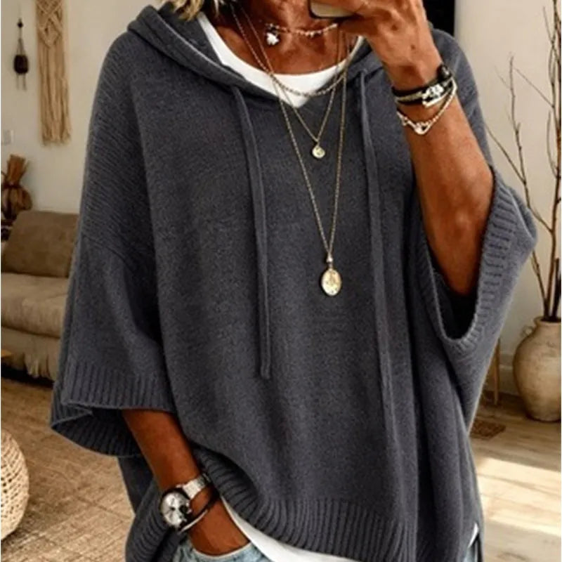 Women's Knit Hooded Sweater with Drawstring Details