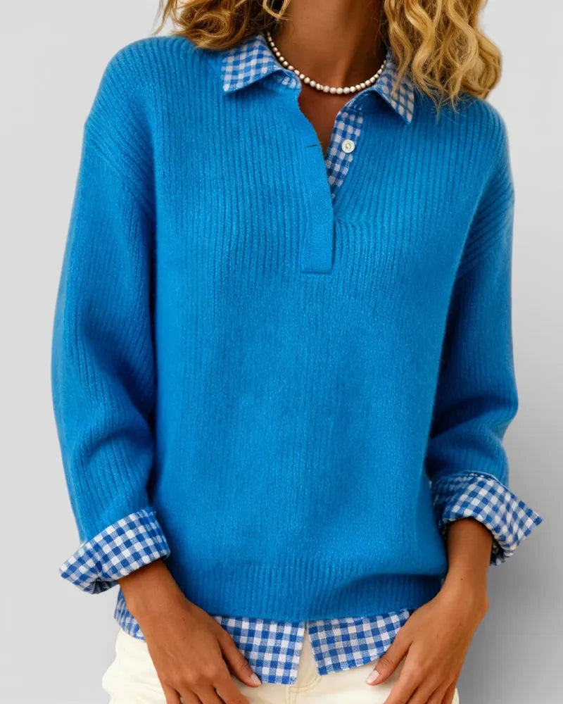 Women's Knit V-Neck Sweater with Plaid Details
