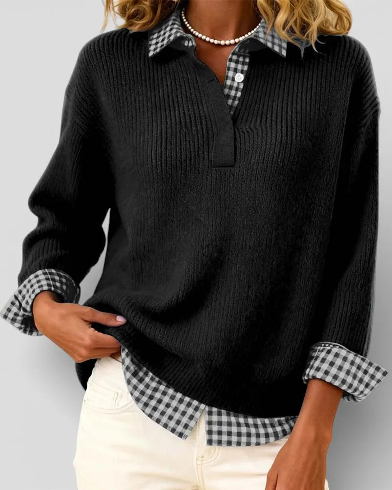 Women's Knit V-Neck Sweater with Plaid Details