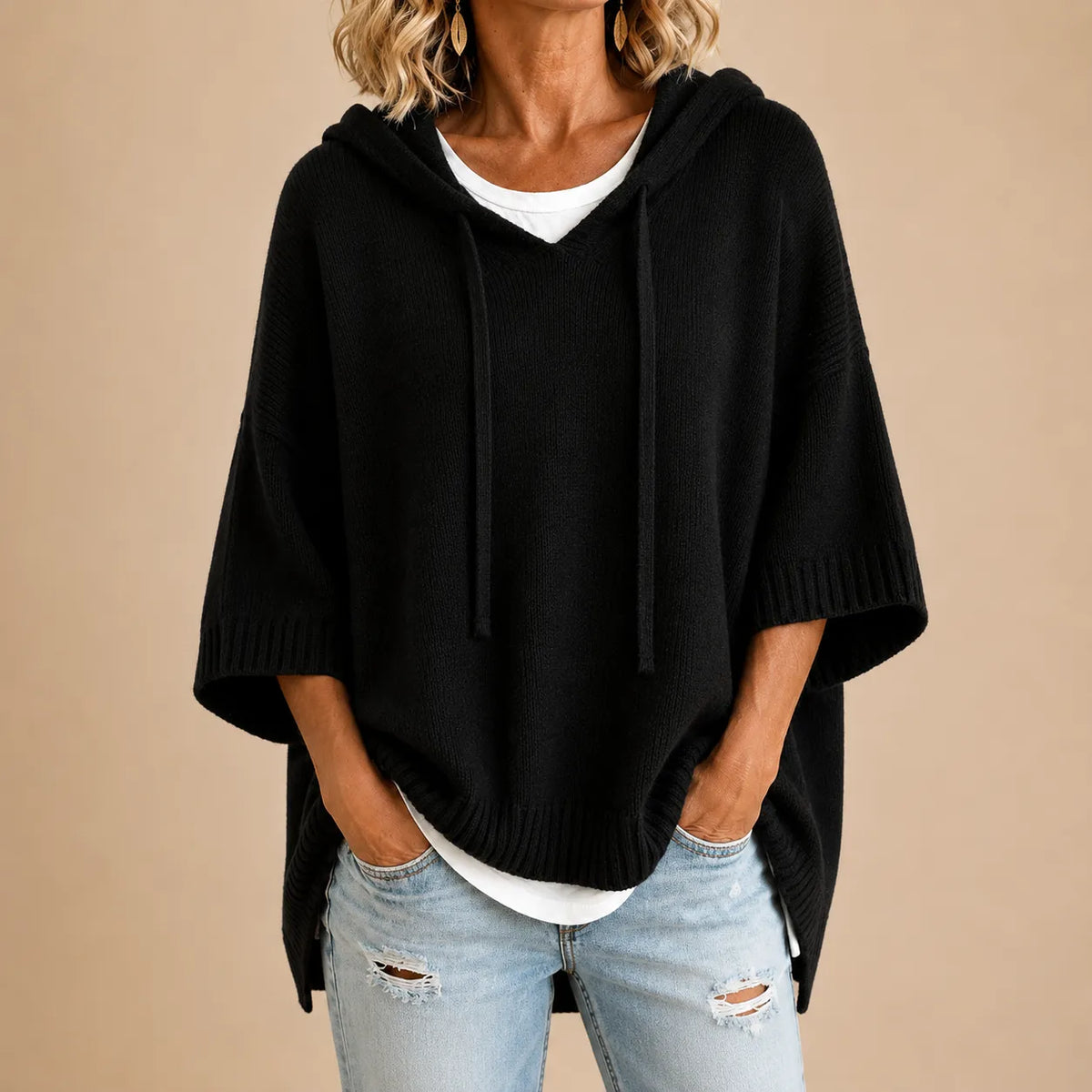 Women's Knitted Hooded Poncho with Three-Quarter Sleeves