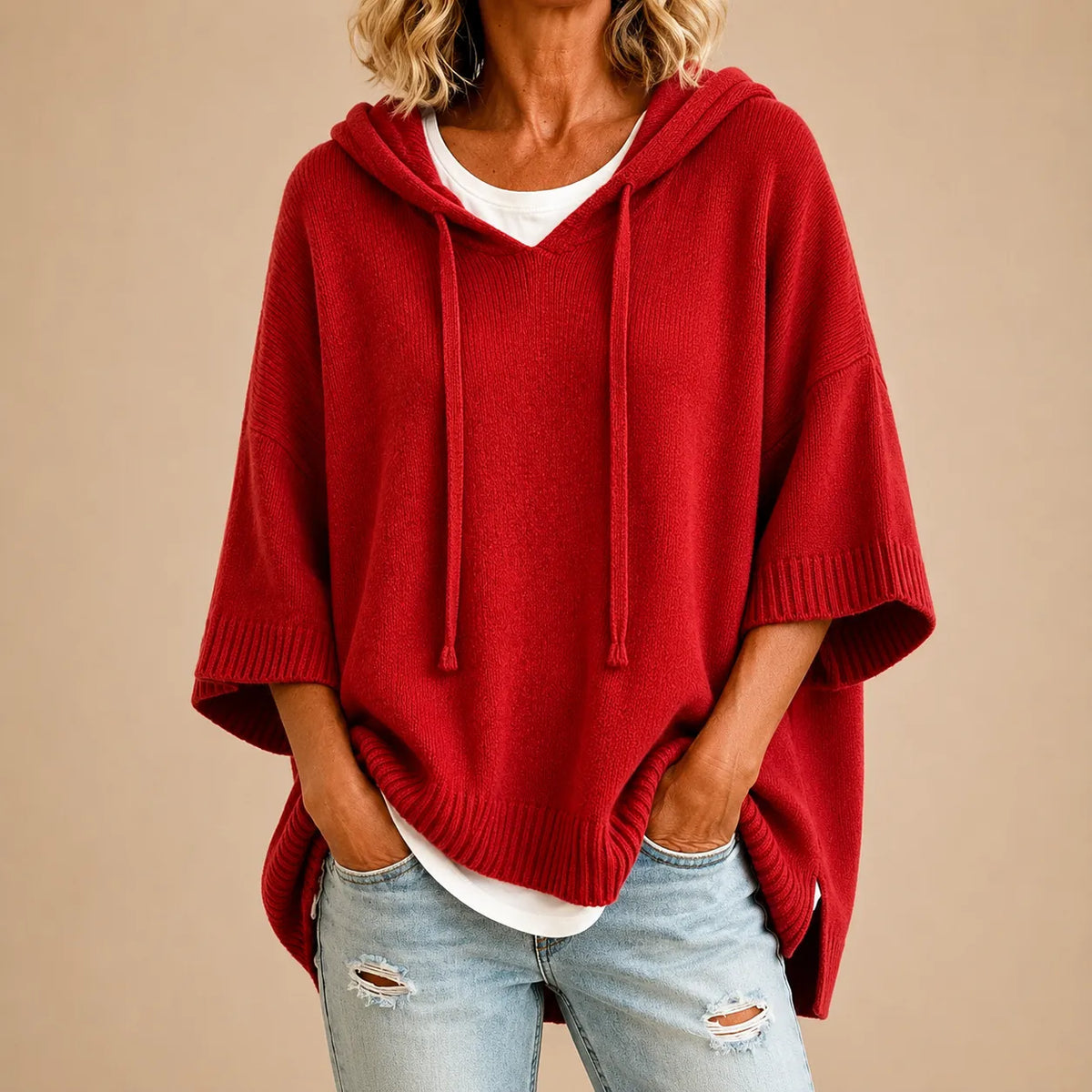 Women's Knitted Hooded Poncho with Three-Quarter Sleeves