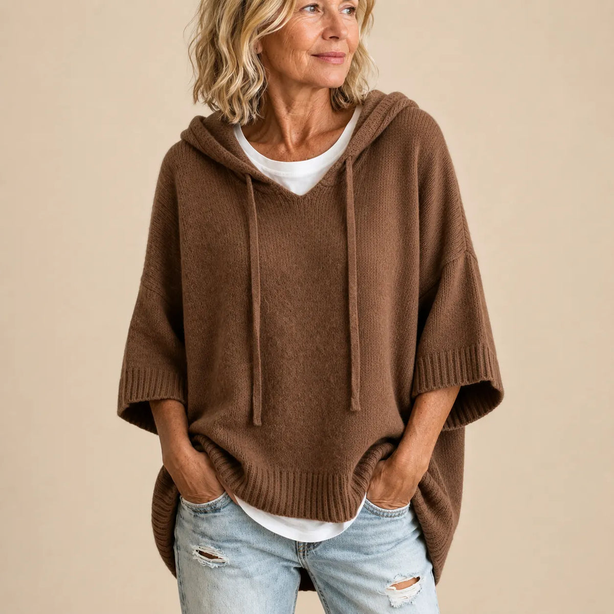 Women's Knitted Hooded Poncho with Three-Quarter Sleeves