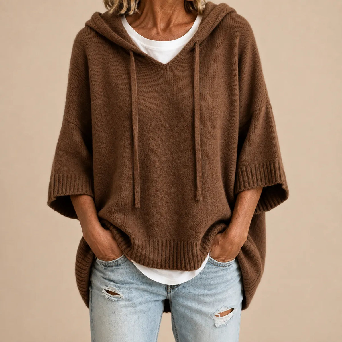 Women's Knitted Hooded Poncho with Three-Quarter Sleeves