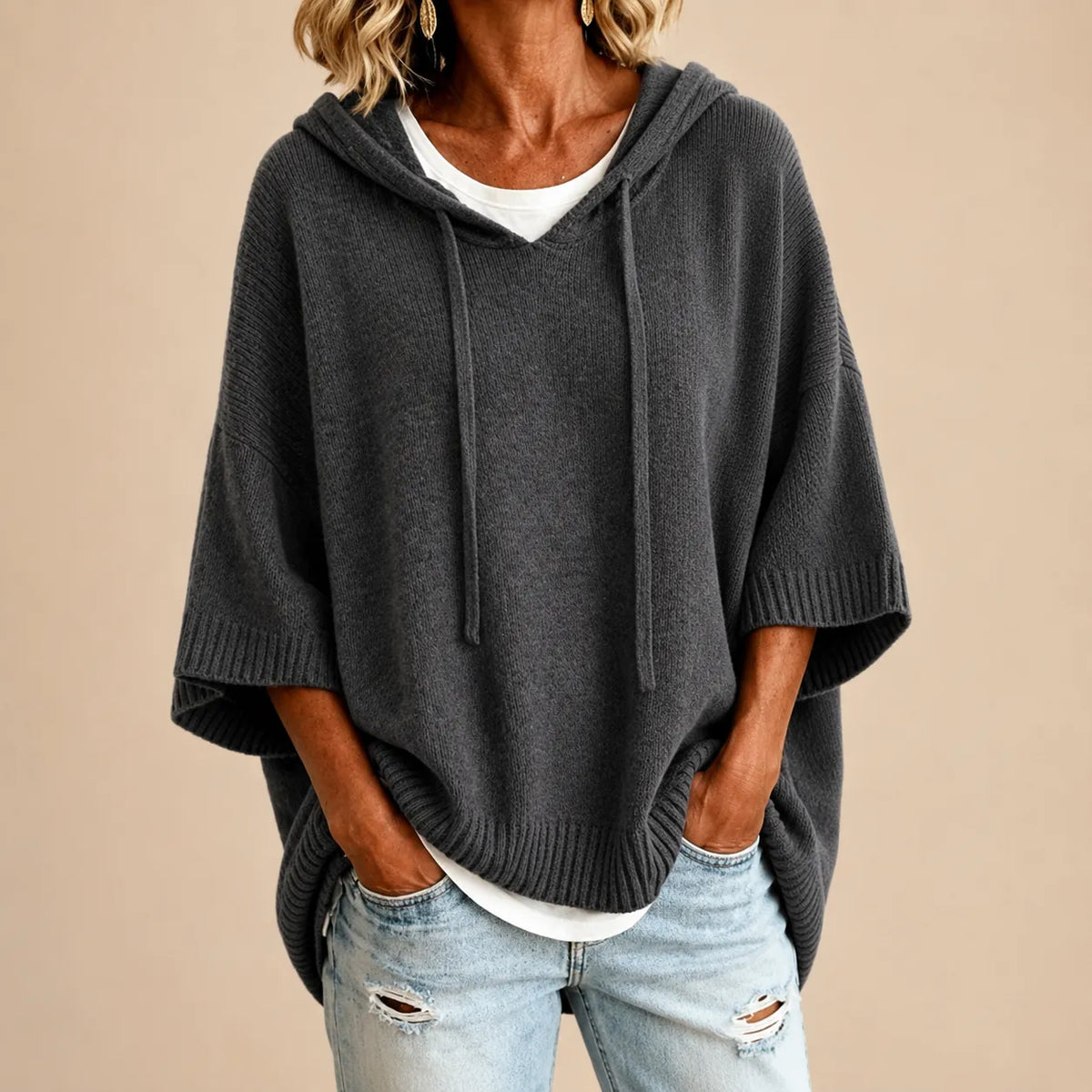 Women's Knitted Hooded Poncho with Three-Quarter Sleeves