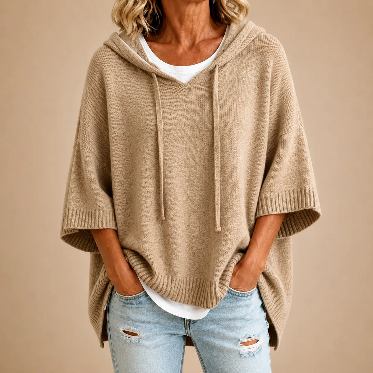 Women's Knitted Hooded Poncho with Three-Quarter Sleeves