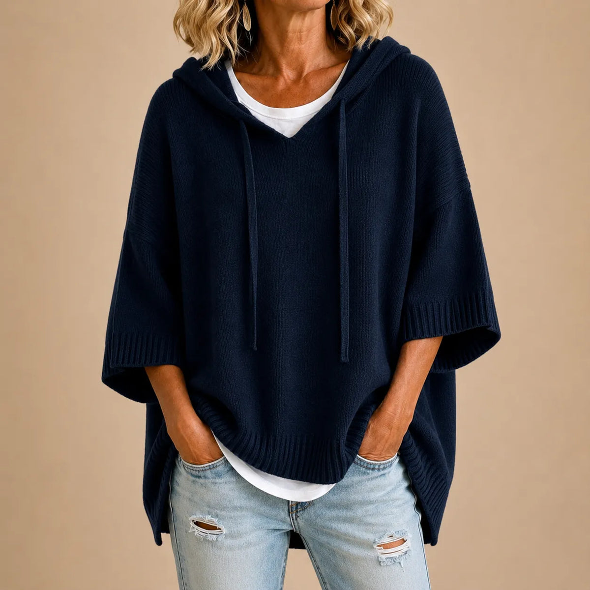 Women's Knitted Hooded Poncho with Three-Quarter Sleeves