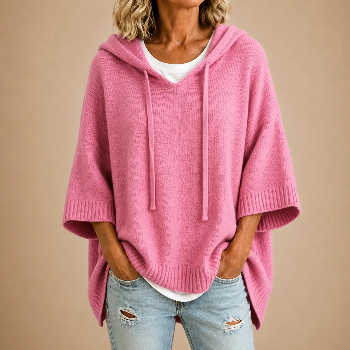 Women's Knitted Hooded Poncho with Three-Quarter Sleeves