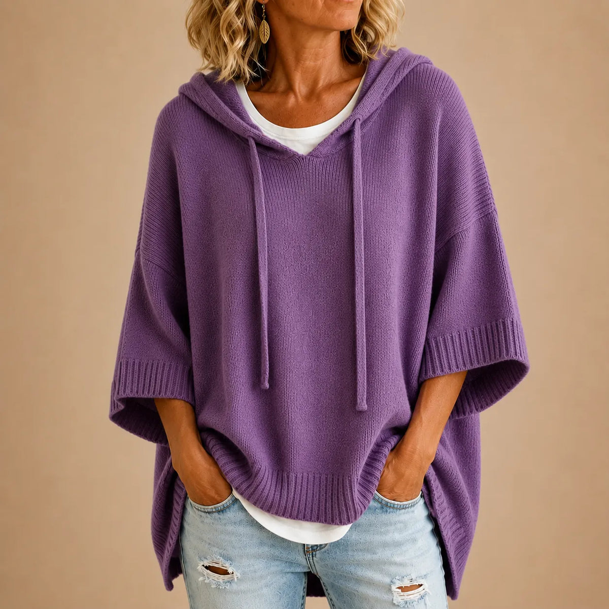 Women's Knitted Hooded Poncho with Three-Quarter Sleeves