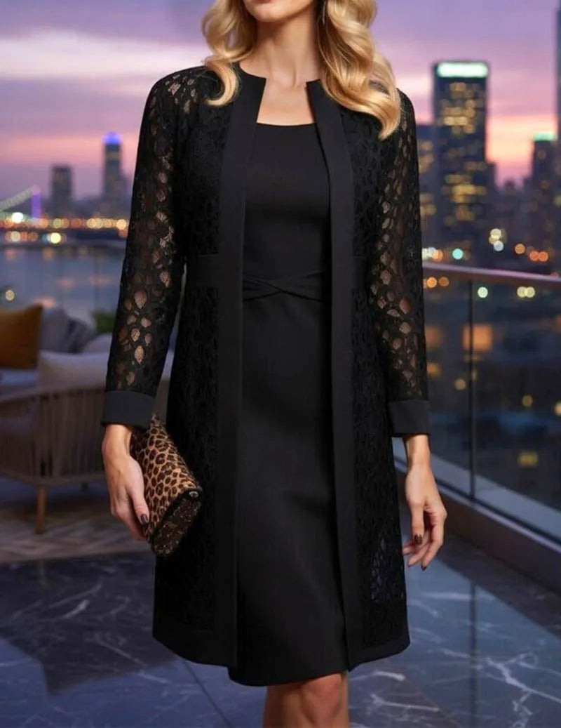 Women's Lace Cardigan and Dress Set with Twisted Waist