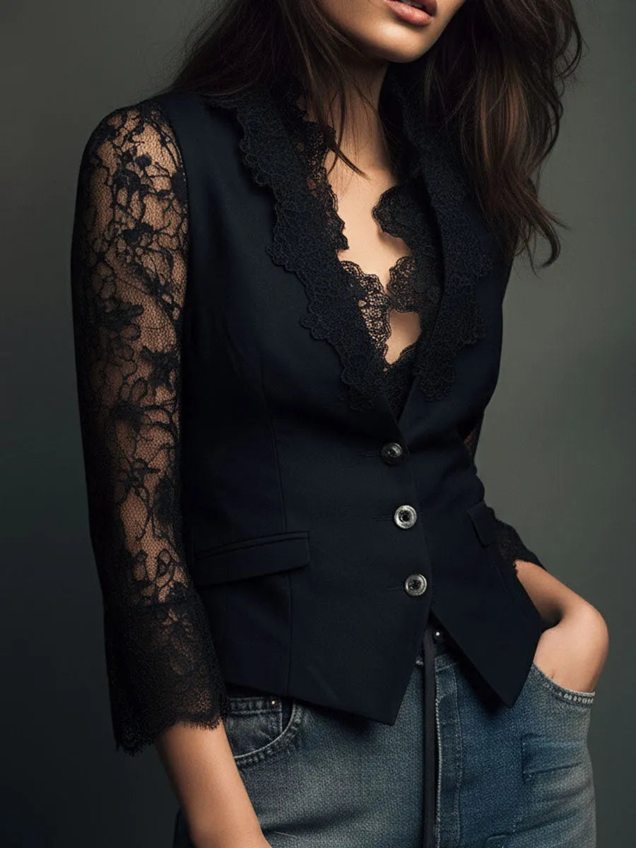 Women's Lace Trim Blazer Blouse for Elegant Evening Wear