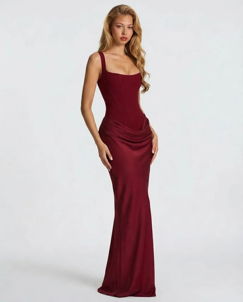 Women's Lace-Up Corset Maxi Dress with Pleated Skirt