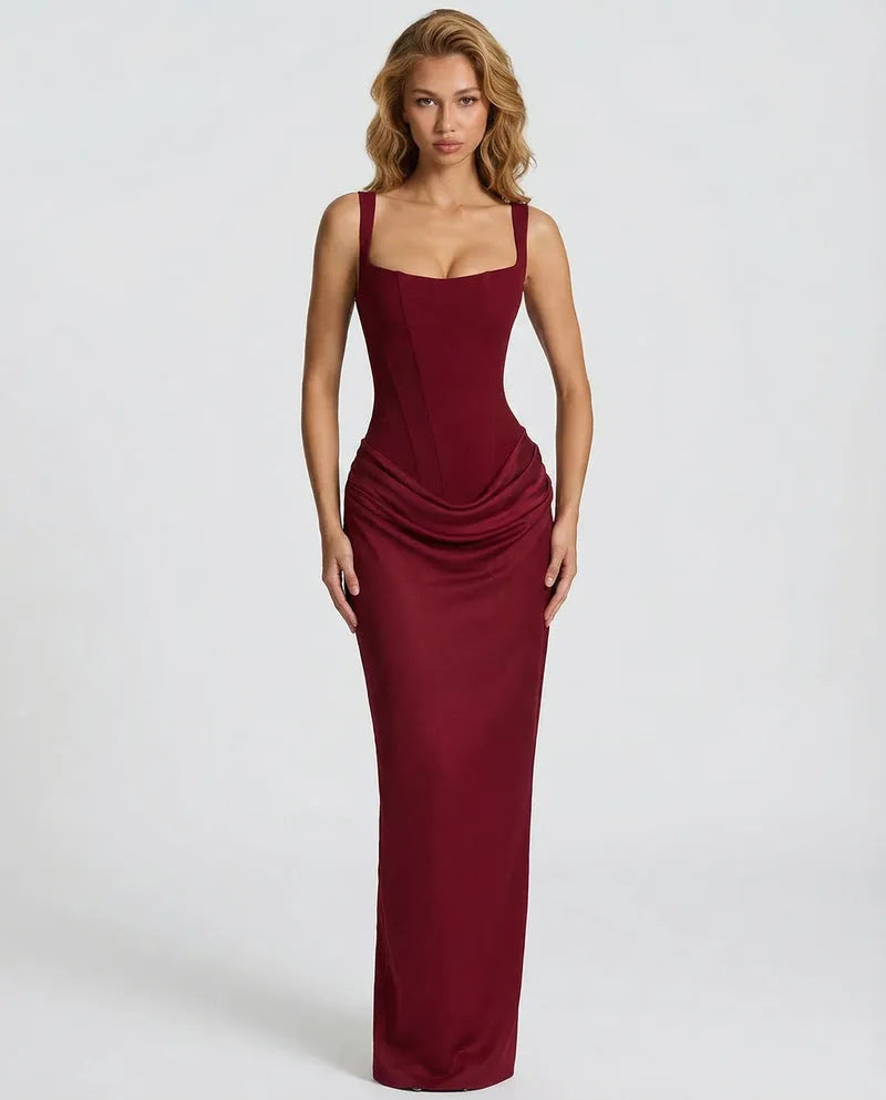 Women's Lace-Up Corset Maxi Dress with Pleated Skirt