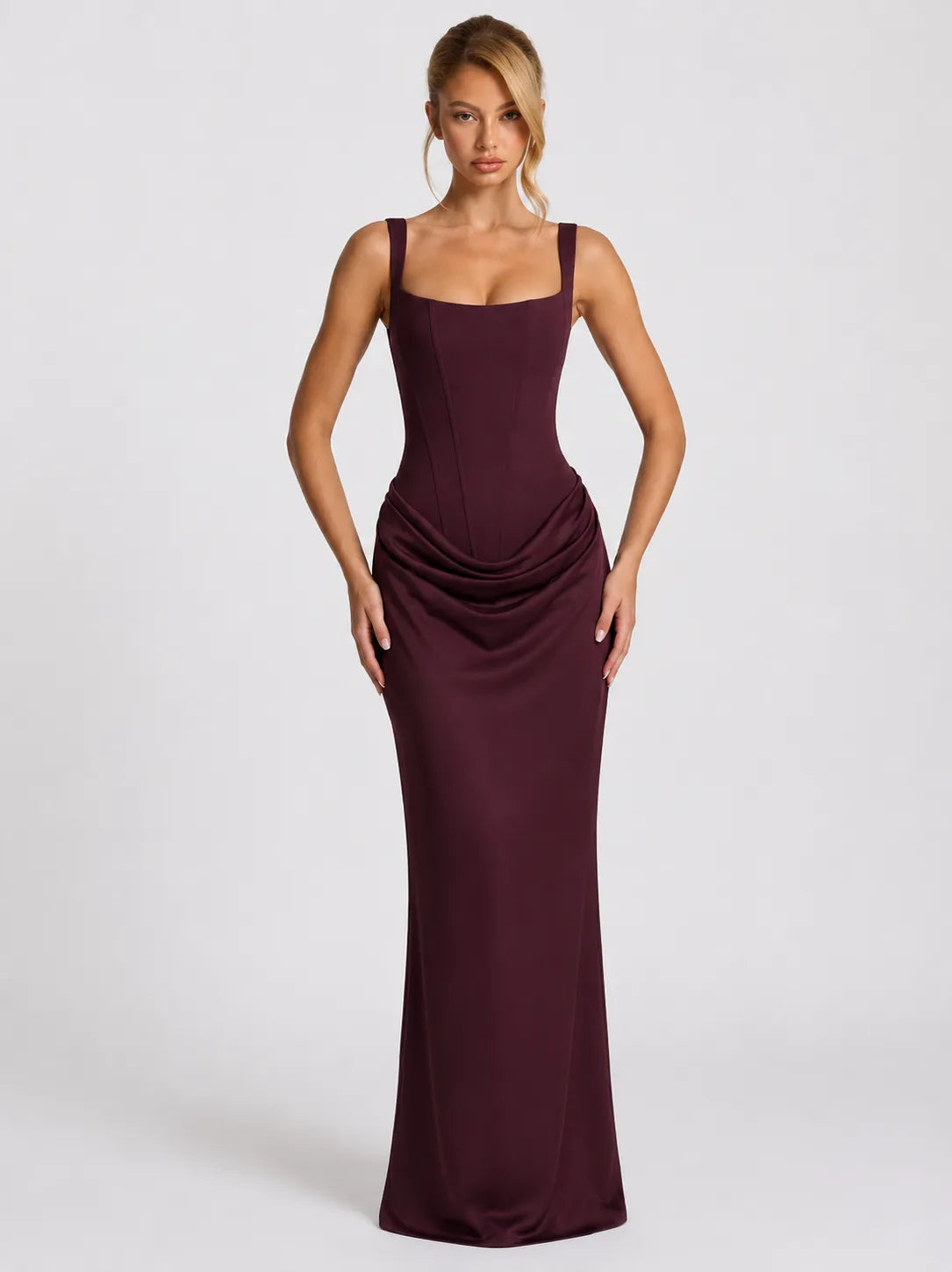 Women's Lace-Up Corset Maxi Dress with Pleated Skirt