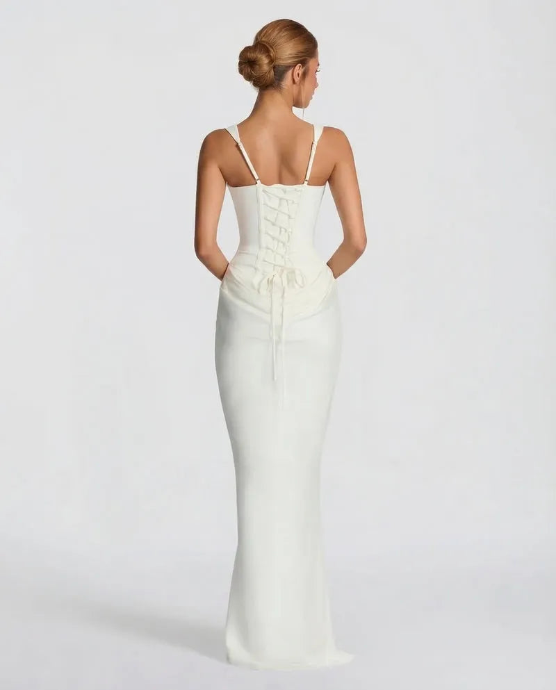 Women's Lace-Up Corset Maxi Dress with Pleated Skirt
