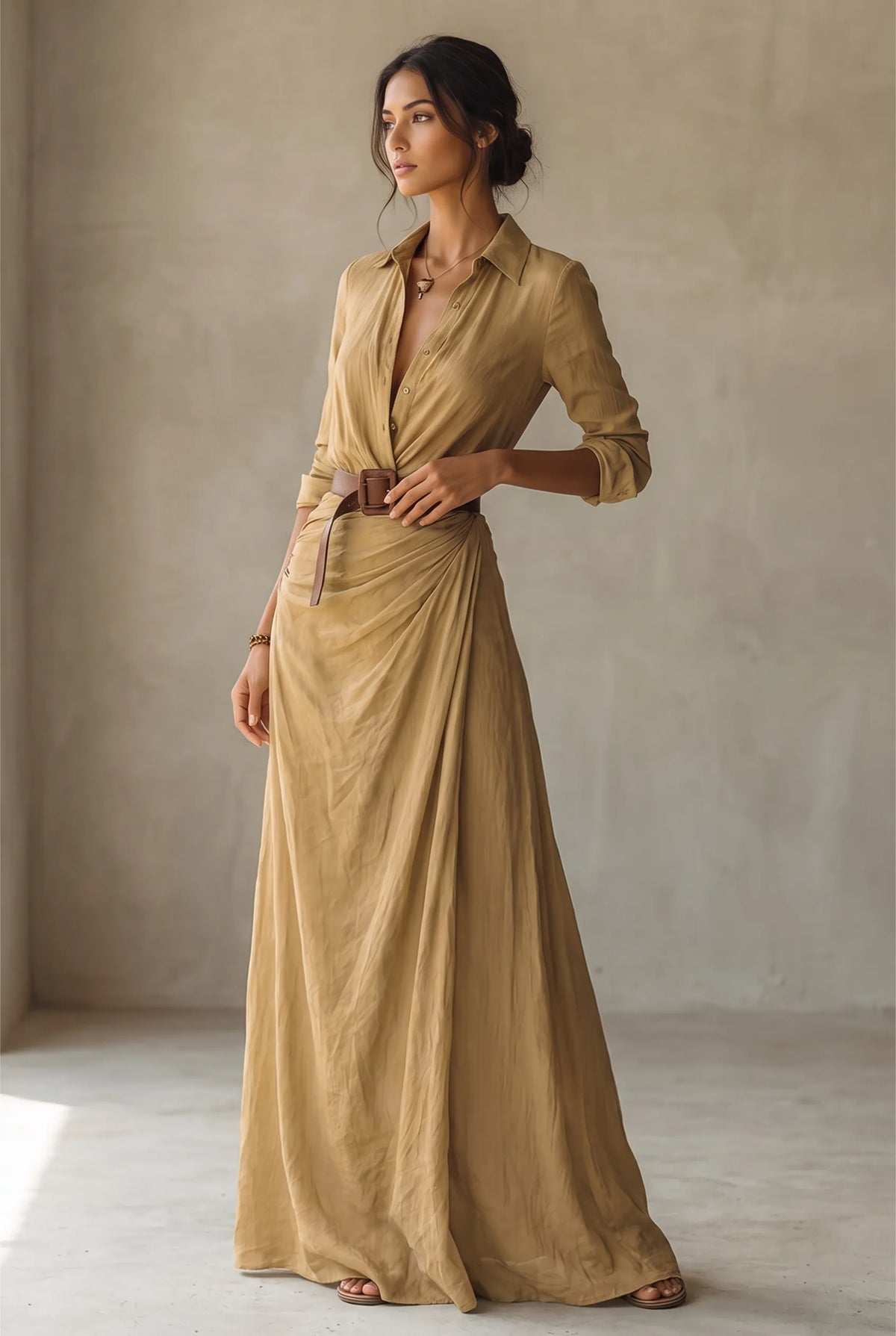 Women's Lapel Collar Button-Down Belted Maxi Dress