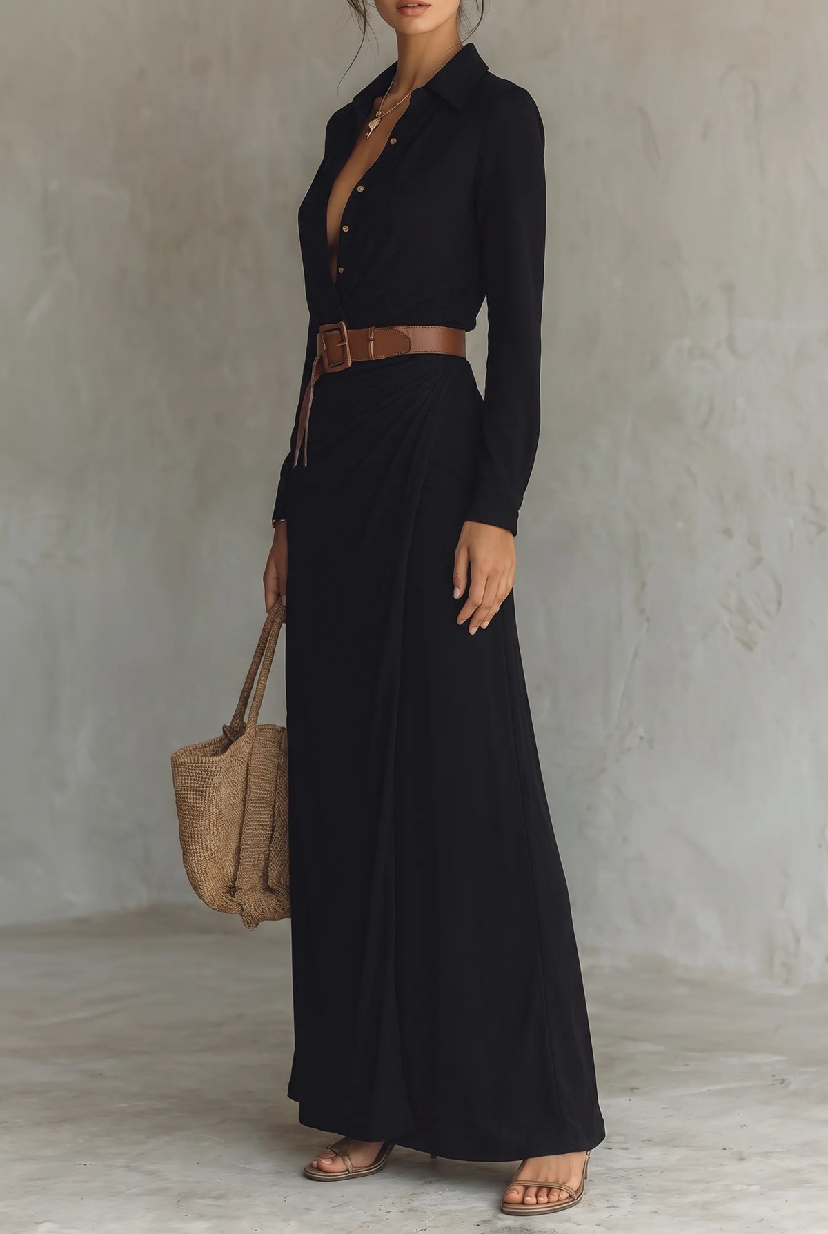 Women's Lapel Collar Button-Down Belted Maxi Dress