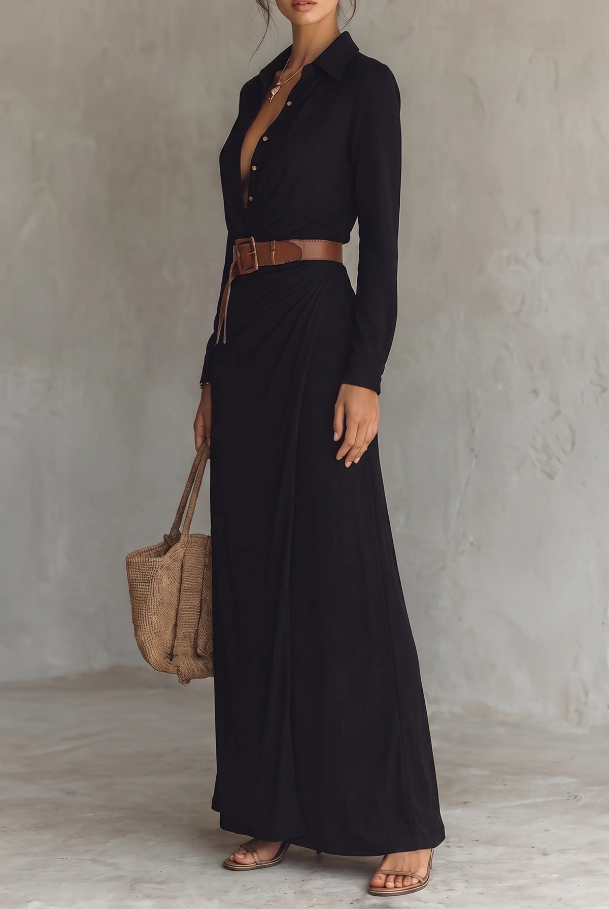 Women's Lapel Collar Button-Down Belted Maxi Dress