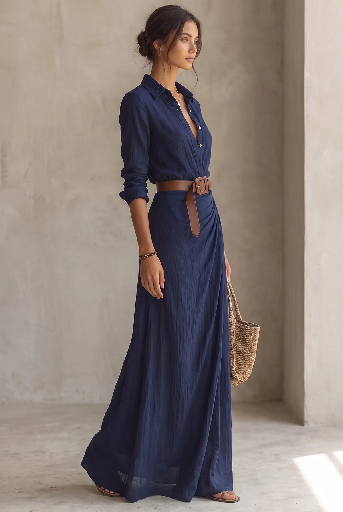 Women's Lapel Collar Button-Down Belted Maxi Dress