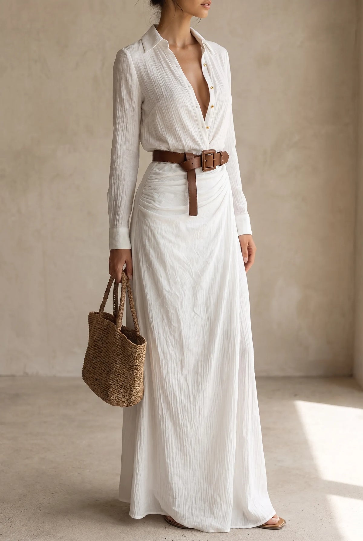 Women's Lapel Collar Button-Down Belted Maxi Dress