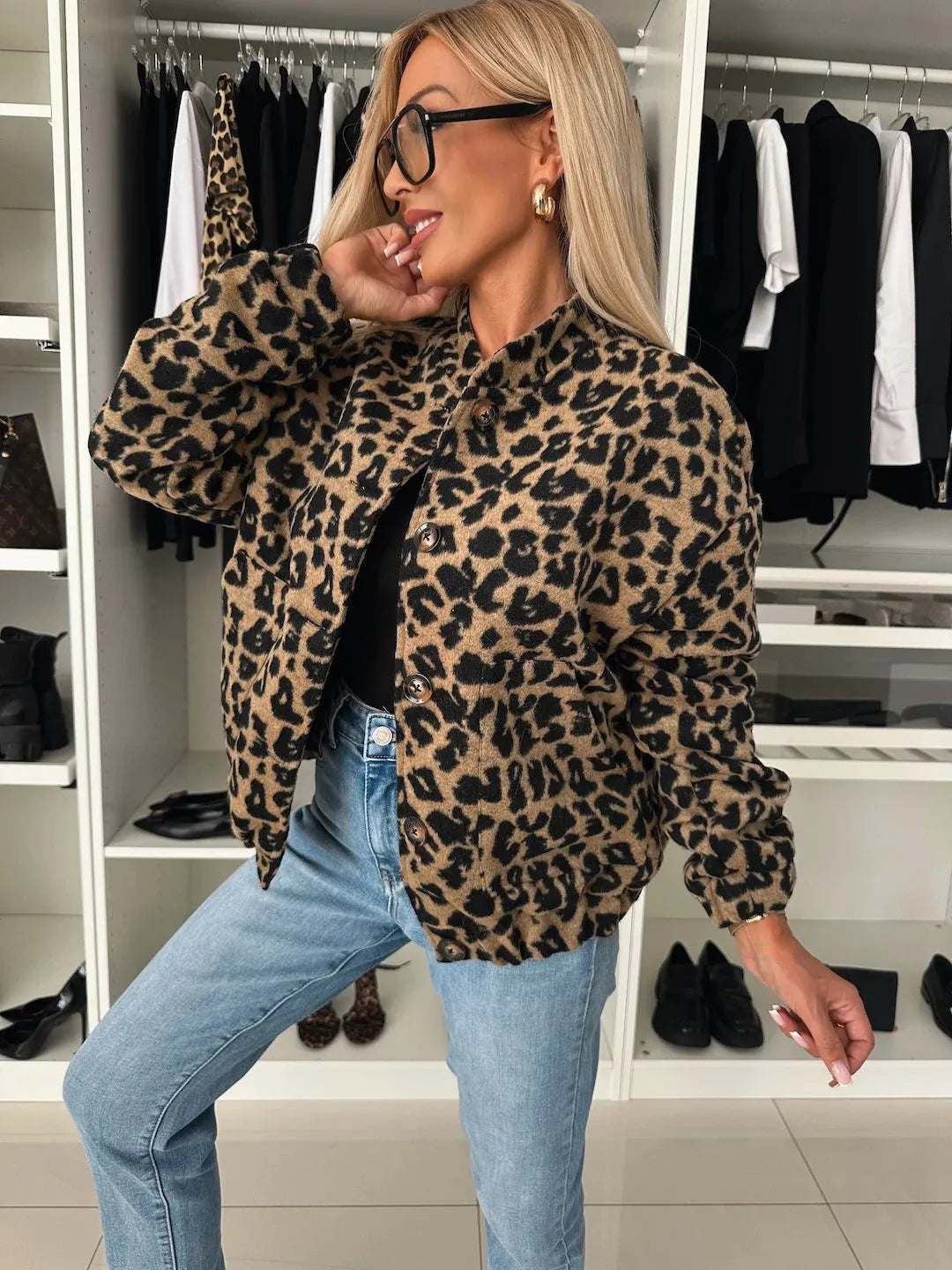 Women's Leopard Print Button-Down Bomber Jacket