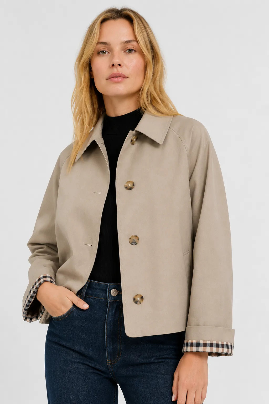Women's Lightweight Loose Fit Jacket with Gingham Lining