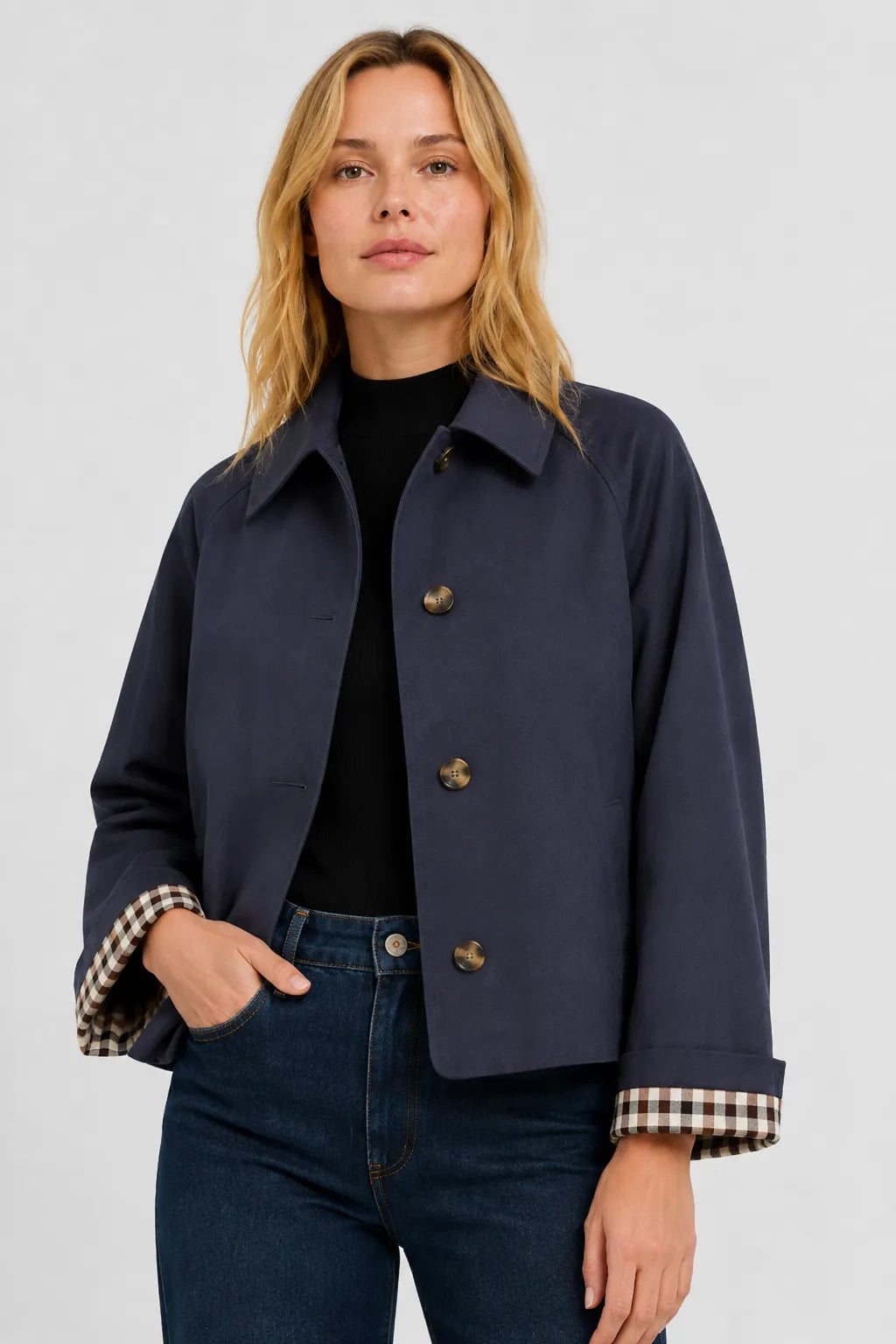 Women's Lightweight Loose Fit Jacket with Gingham Lining