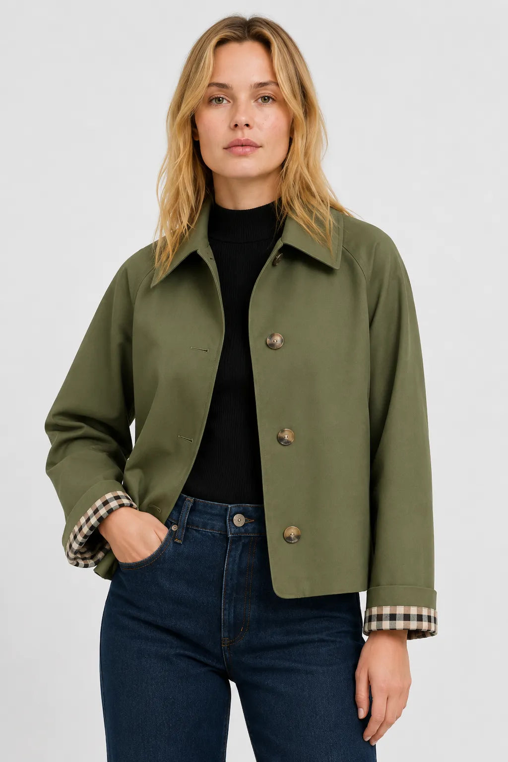 Women's Lightweight Loose Fit Jacket with Gingham Lining