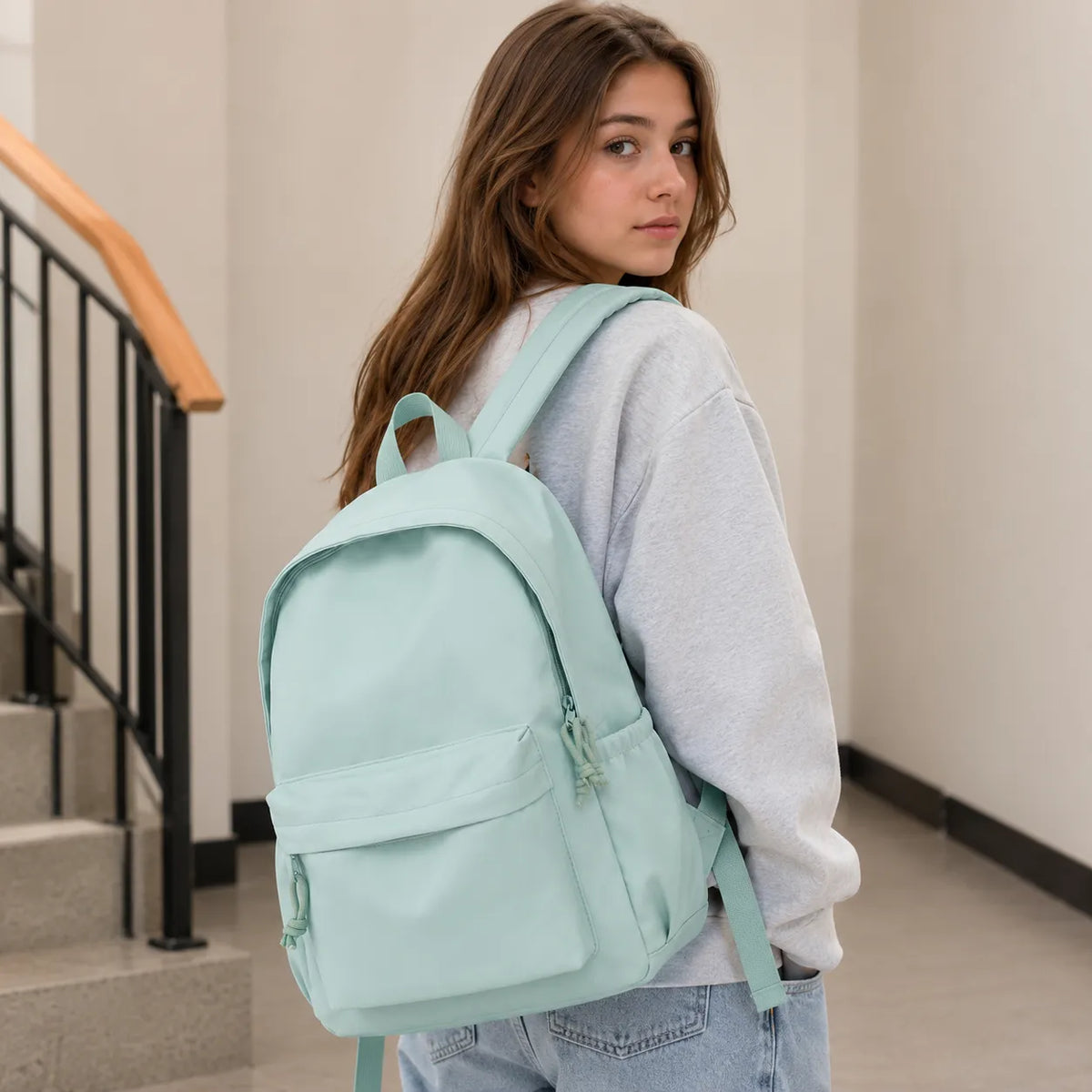 Women's Lightweight Nylon Pastel School Backpack with Pockets