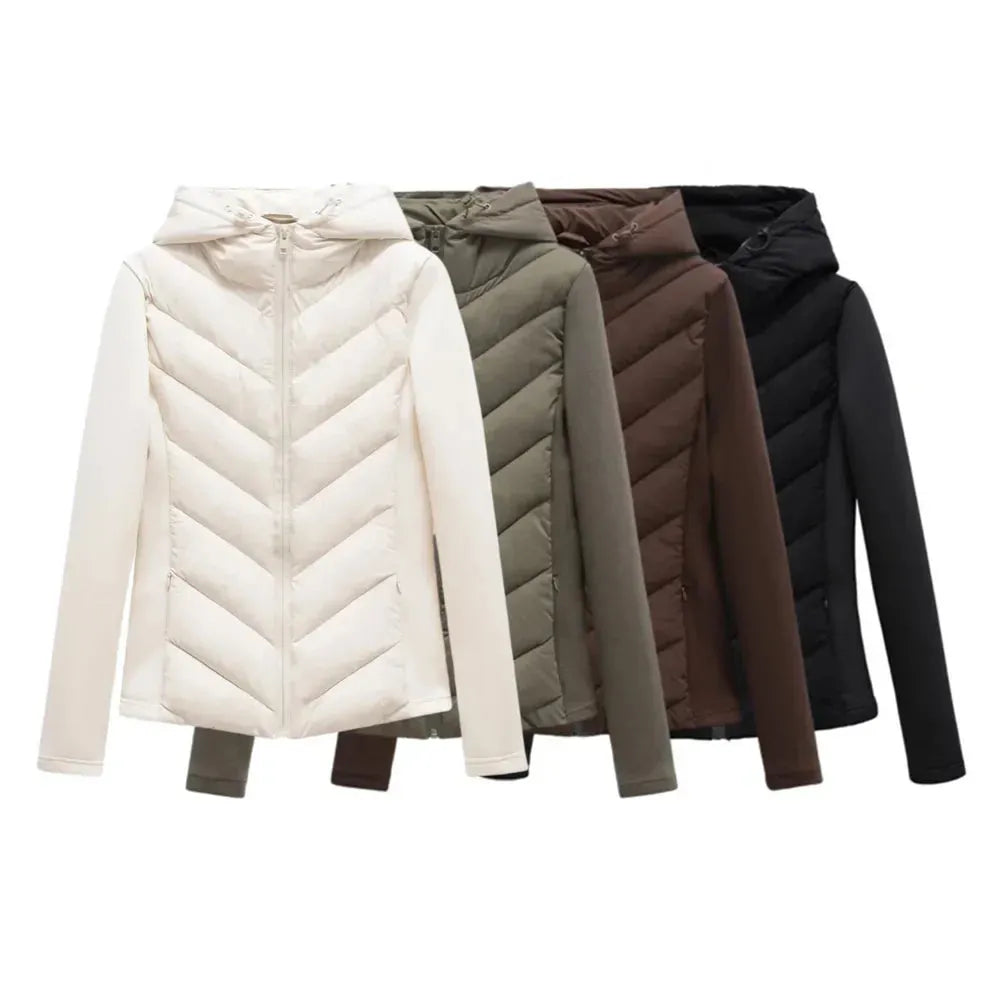Women's Lightweight Padded Winter Jacket with Hood and Hidden Pockets