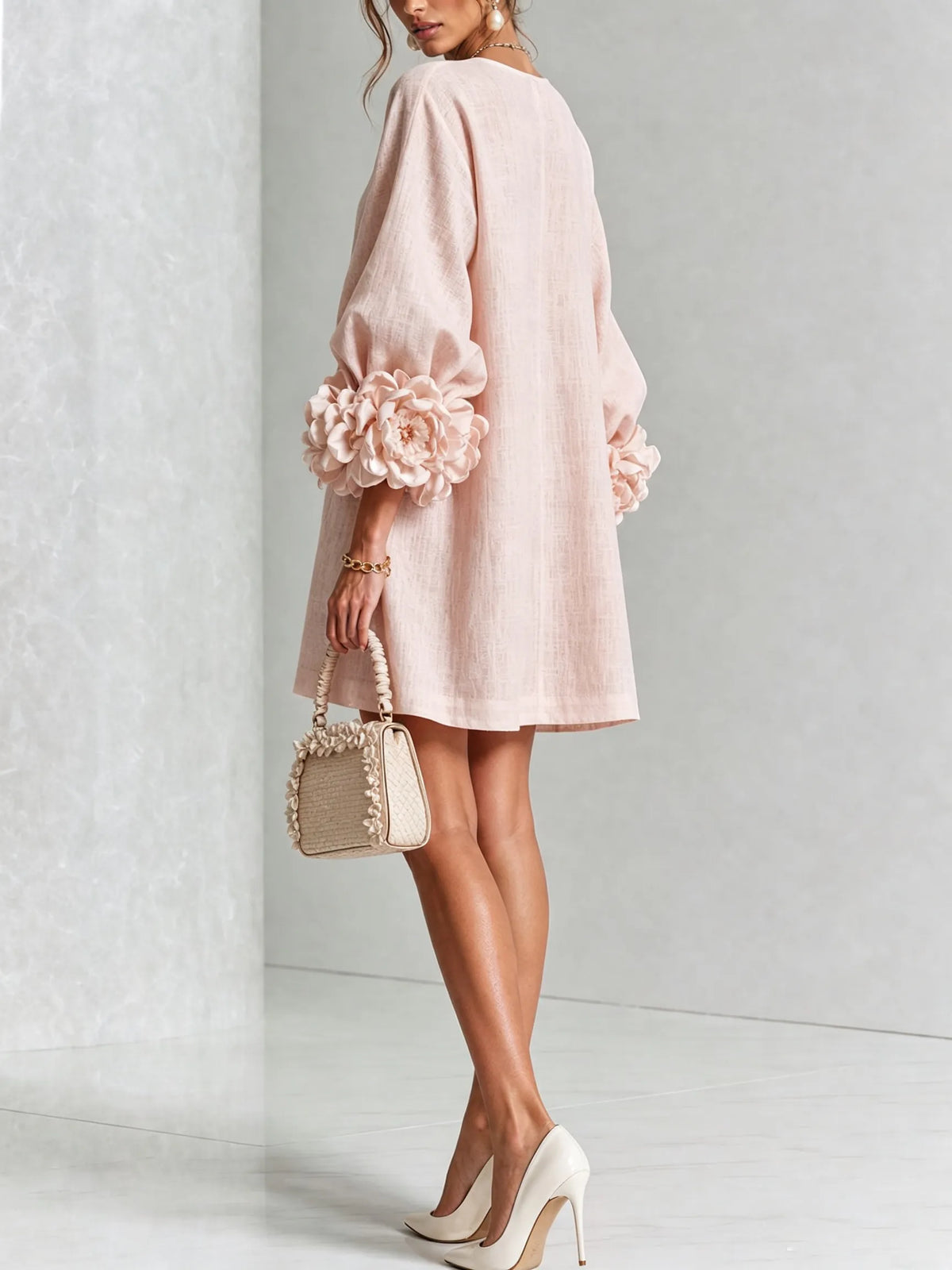 Women's Linen Blend Puff Long Sleeve Mini Tunika Dress