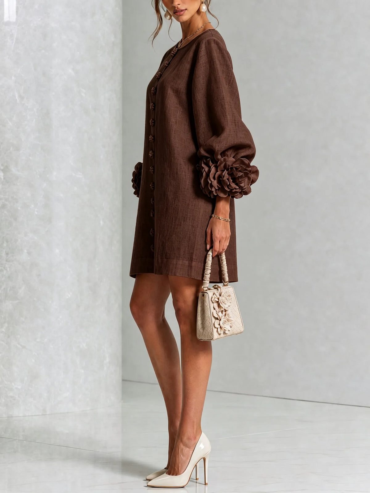 Women's Linen Blend Puff Long Sleeve Mini Tunika Dress