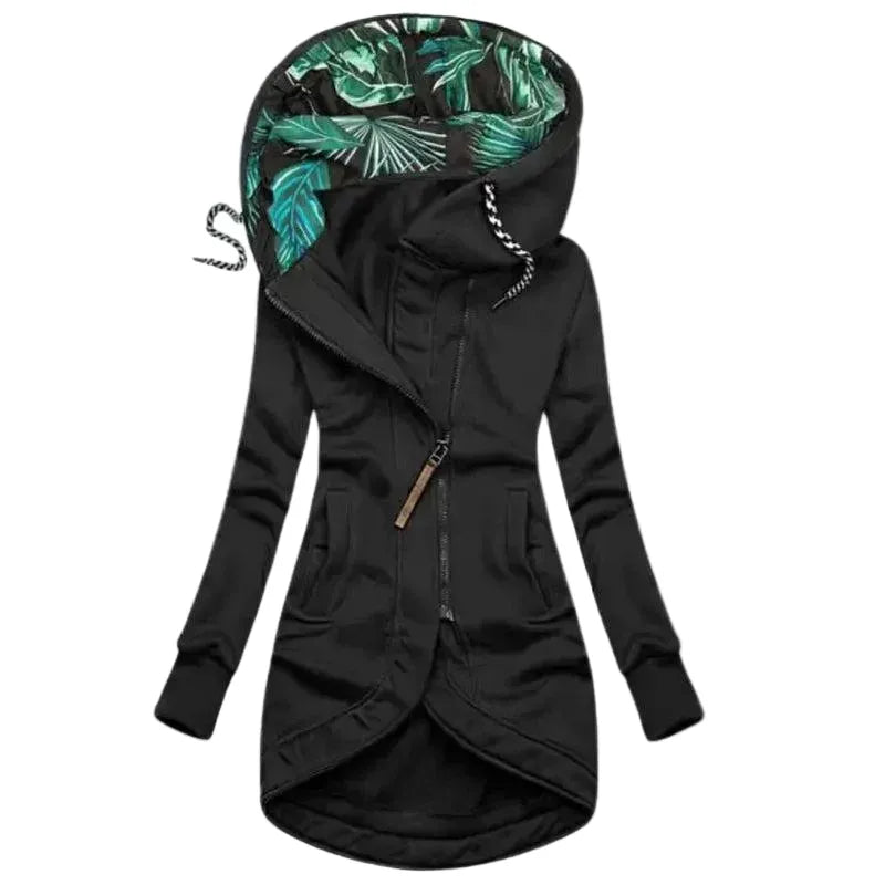 Women's Long Hooded Jacket with Asymmetrical Zipper