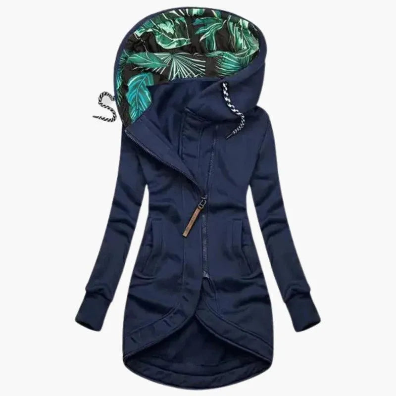 Women's Long Hooded Jacket with Asymmetrical Zipper