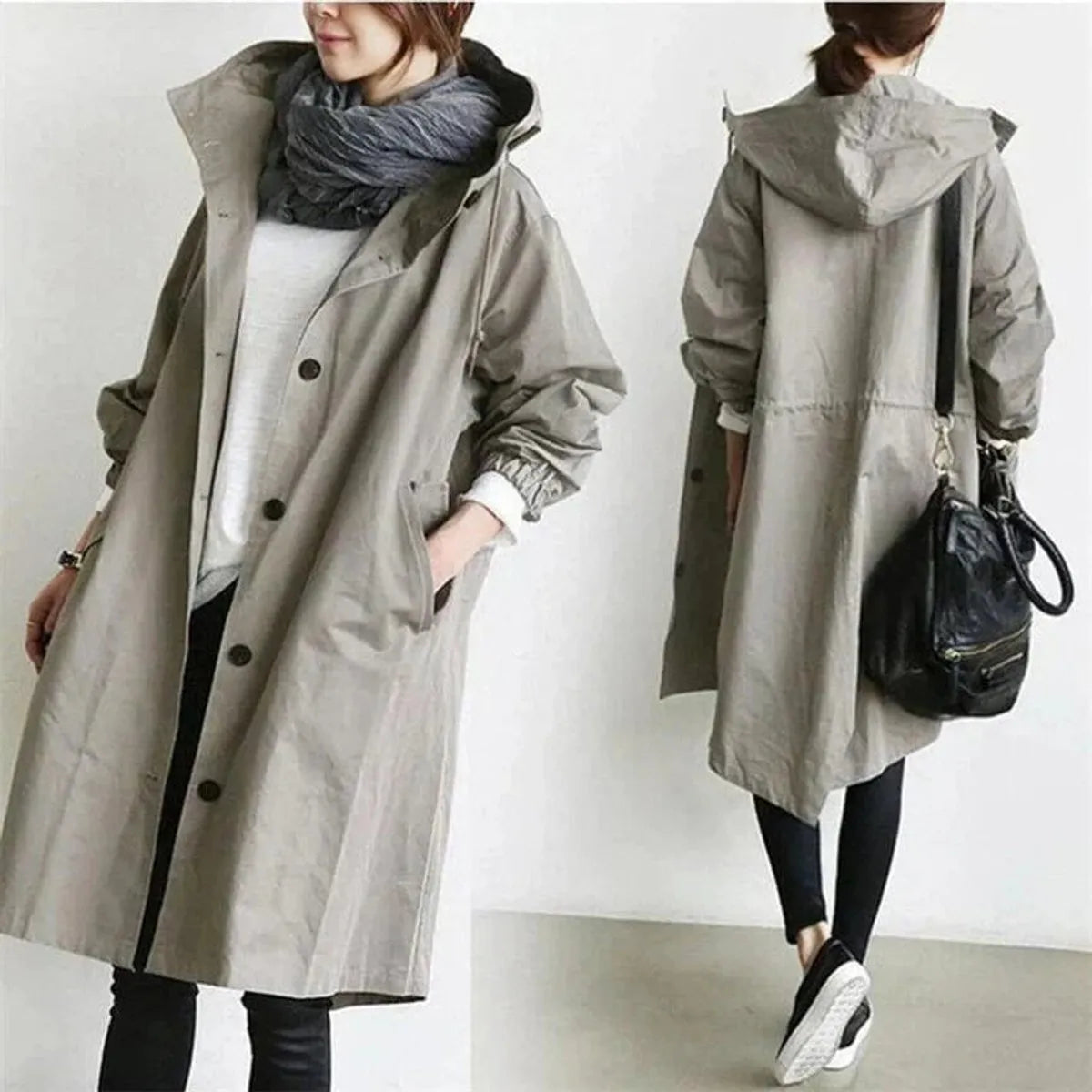 Women's Long Hooded Trench Coat with Loose Fit