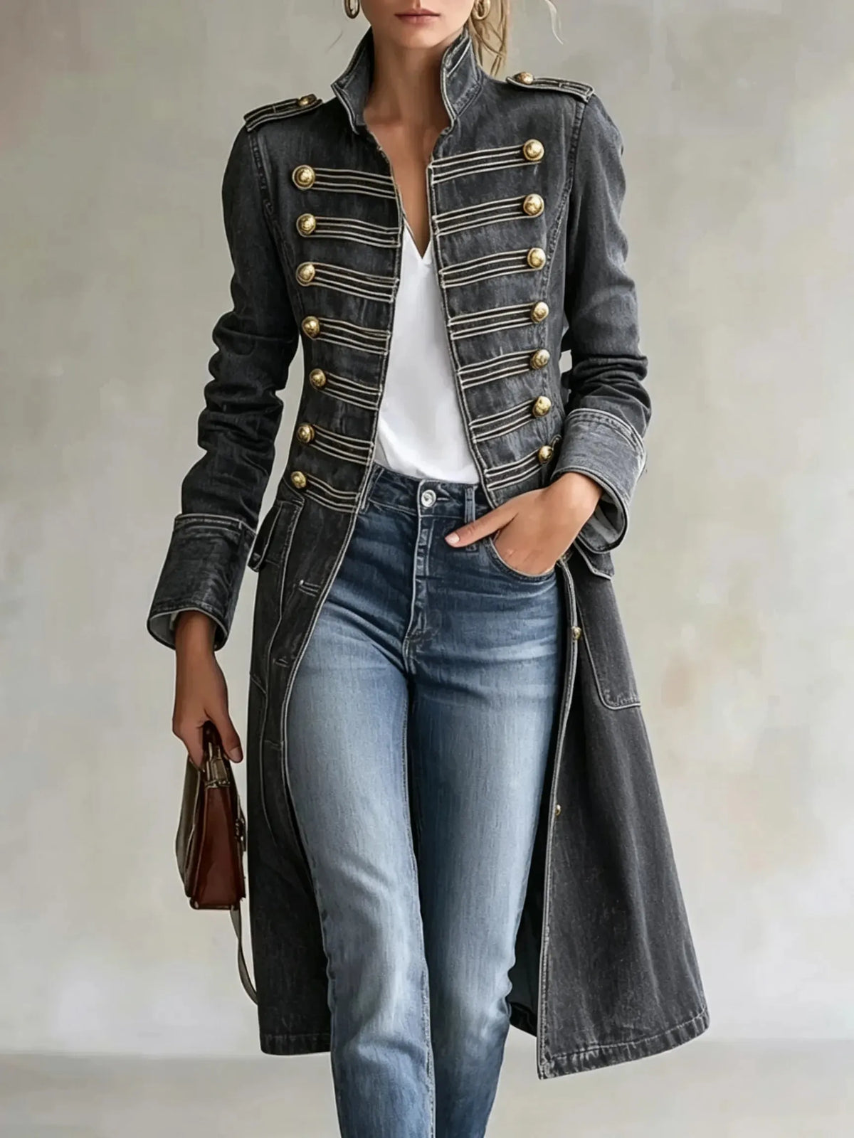 Women's Long Military Style Double-Breasted Coat