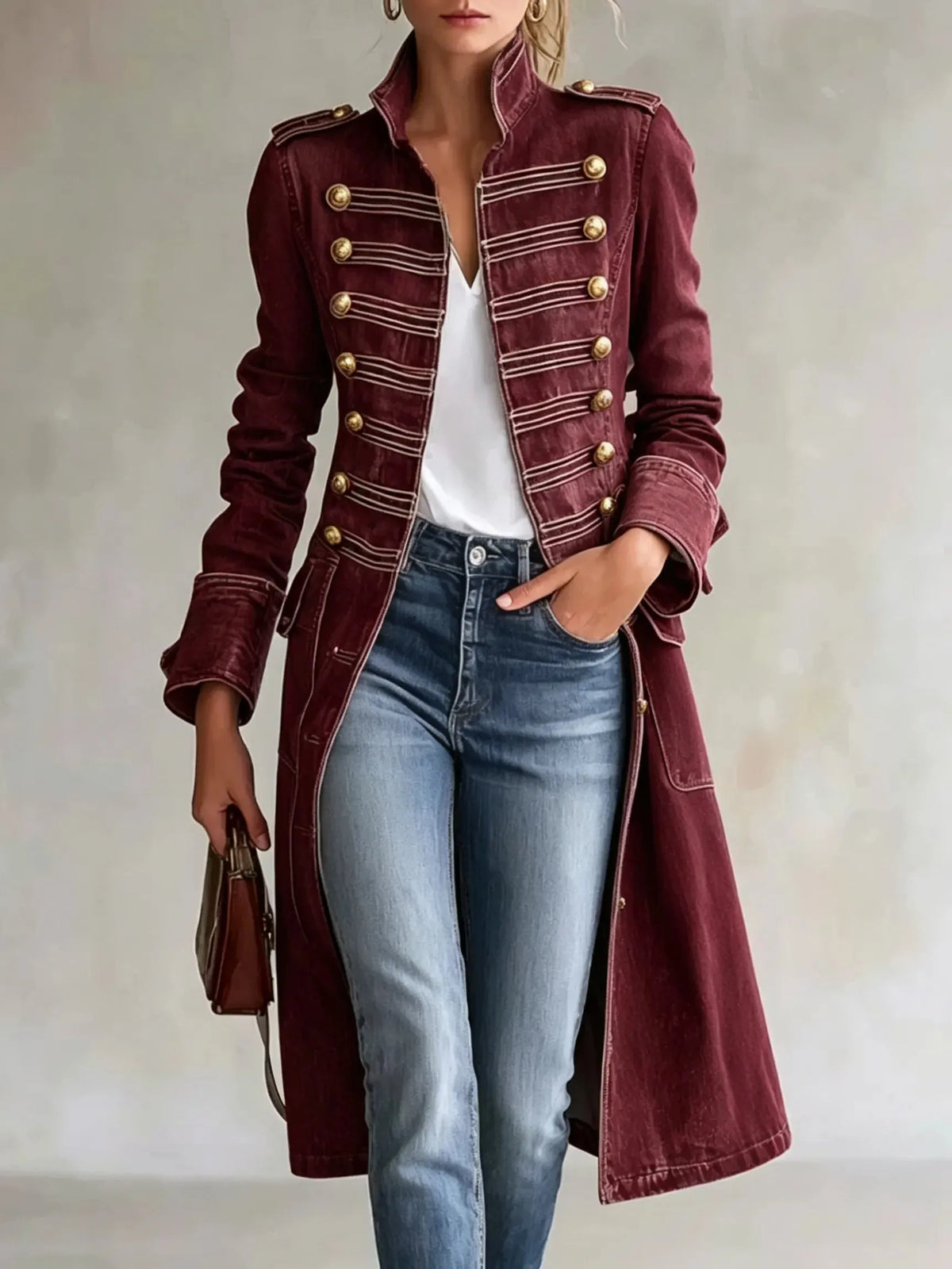 Women's Long Military Style Double-Breasted Coat