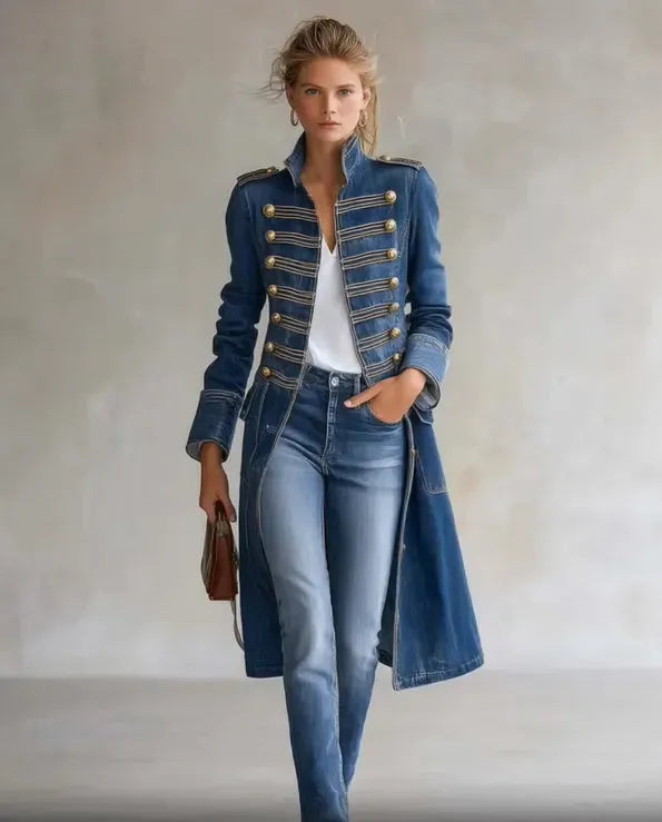 Women's Long Military Style Double-Breasted Coat