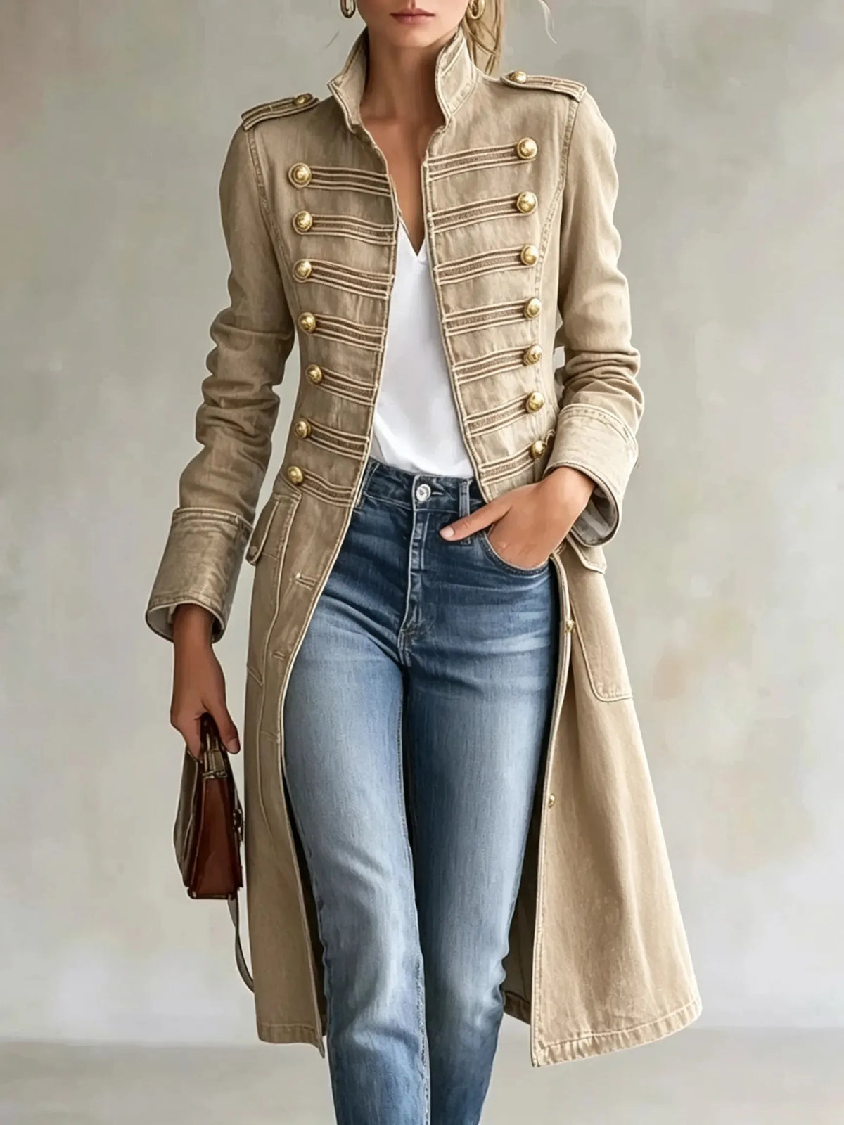 Women's Long Military Style Double-Breasted Coat