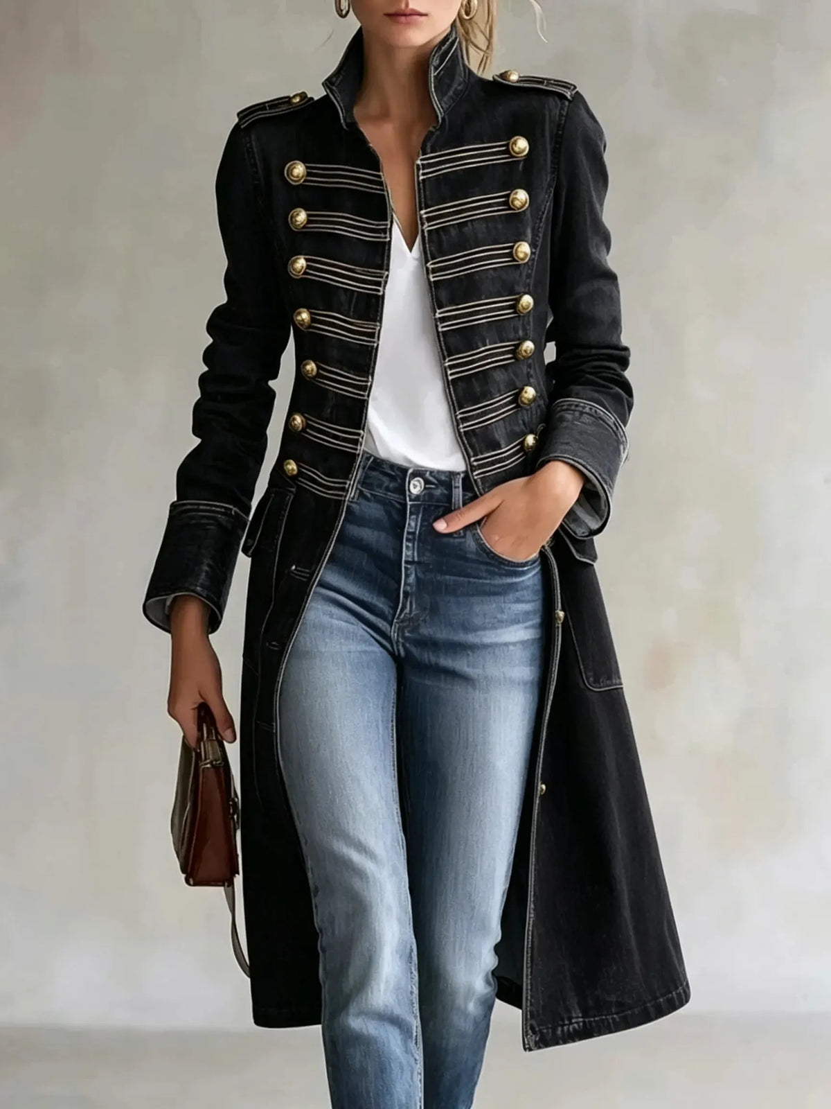 Women's Long Military Style Double-Breasted Coat