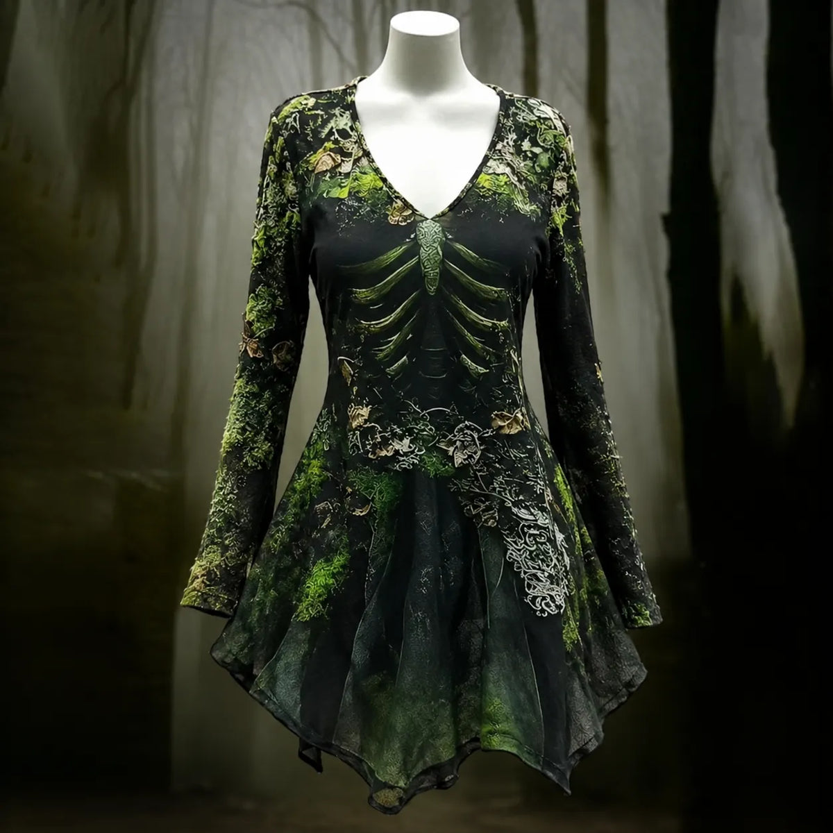 Women's Long-Sleeve Mini Dress with Moss and Skeleton Print