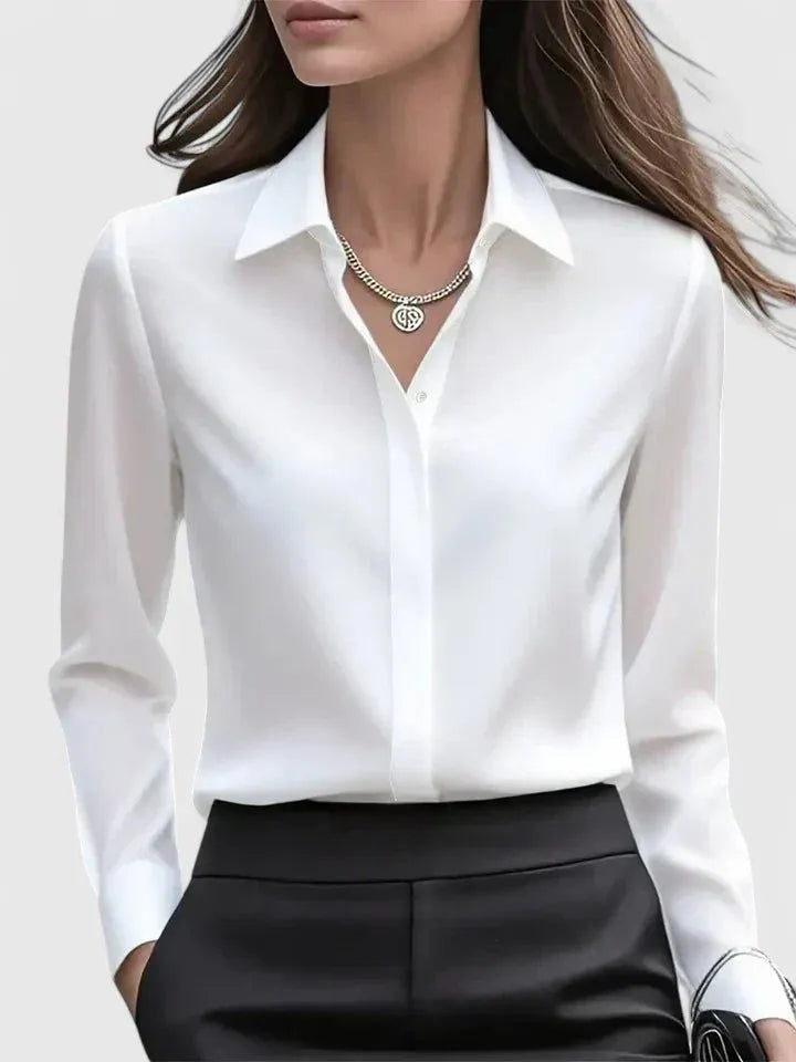Women's Long-Sleeve Satin Blouse with Structured Collar