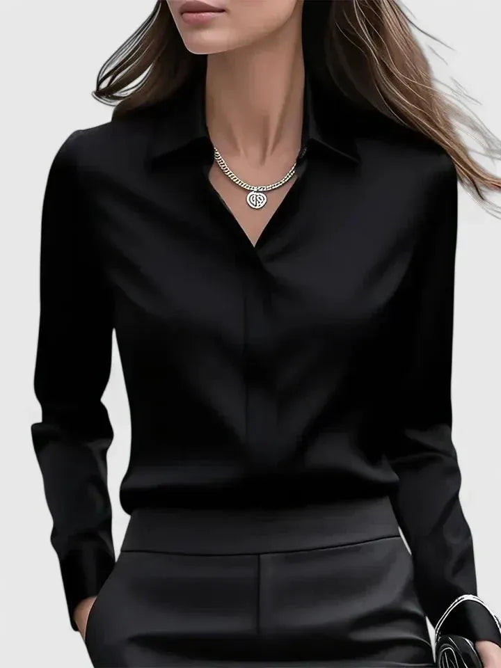 Women's Long-Sleeve Satin Blouse with Structured Collar
