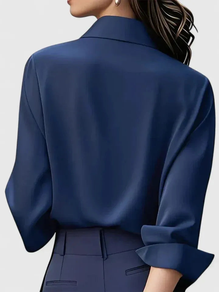 Women's Long-Sleeve Satin Blouse with Structured Collar