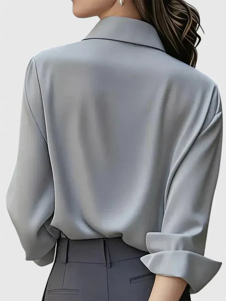 Women's Long-Sleeve Satin Blouse with Structured Collar