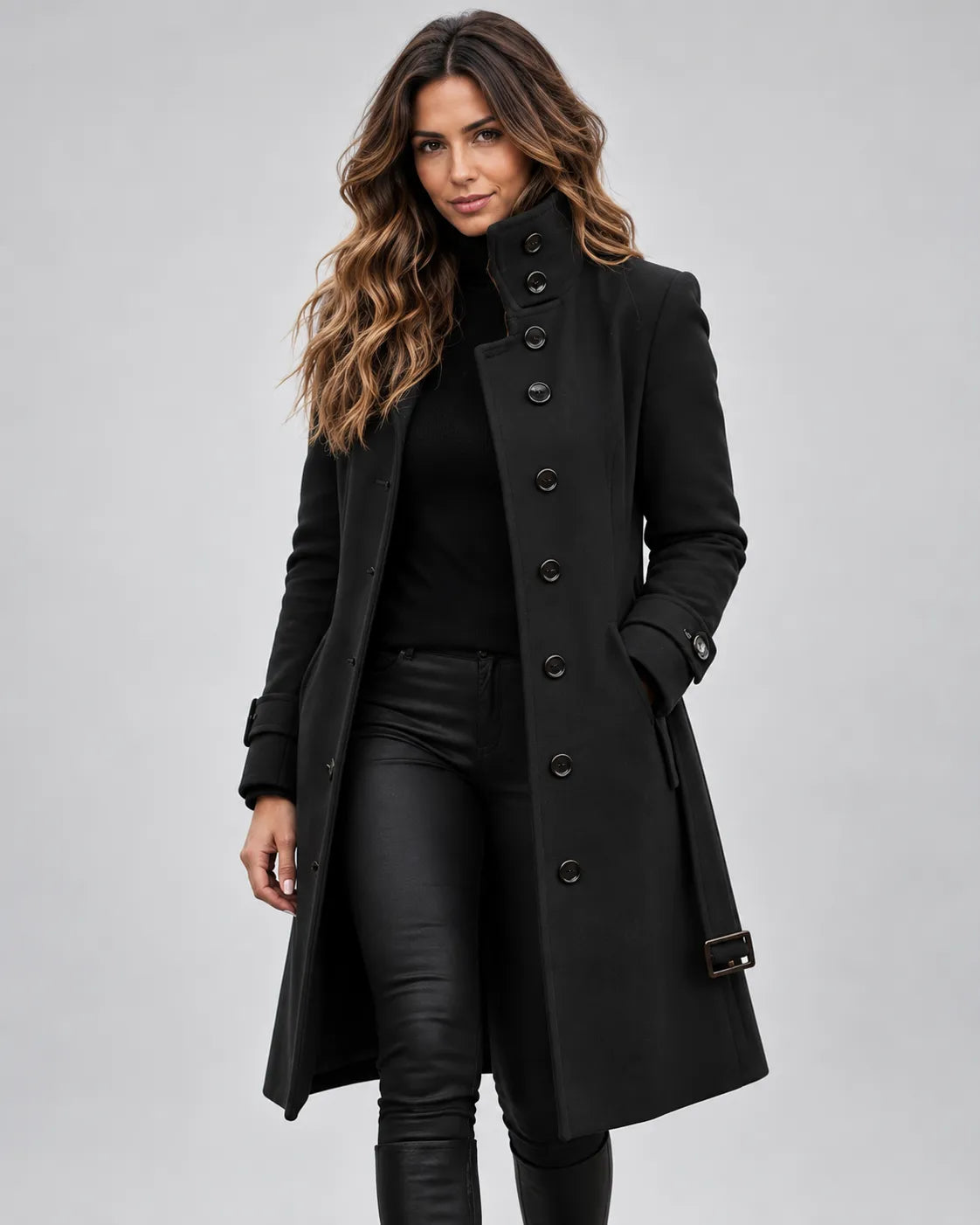 Women's Long Wool-Blend Coat with High Collar