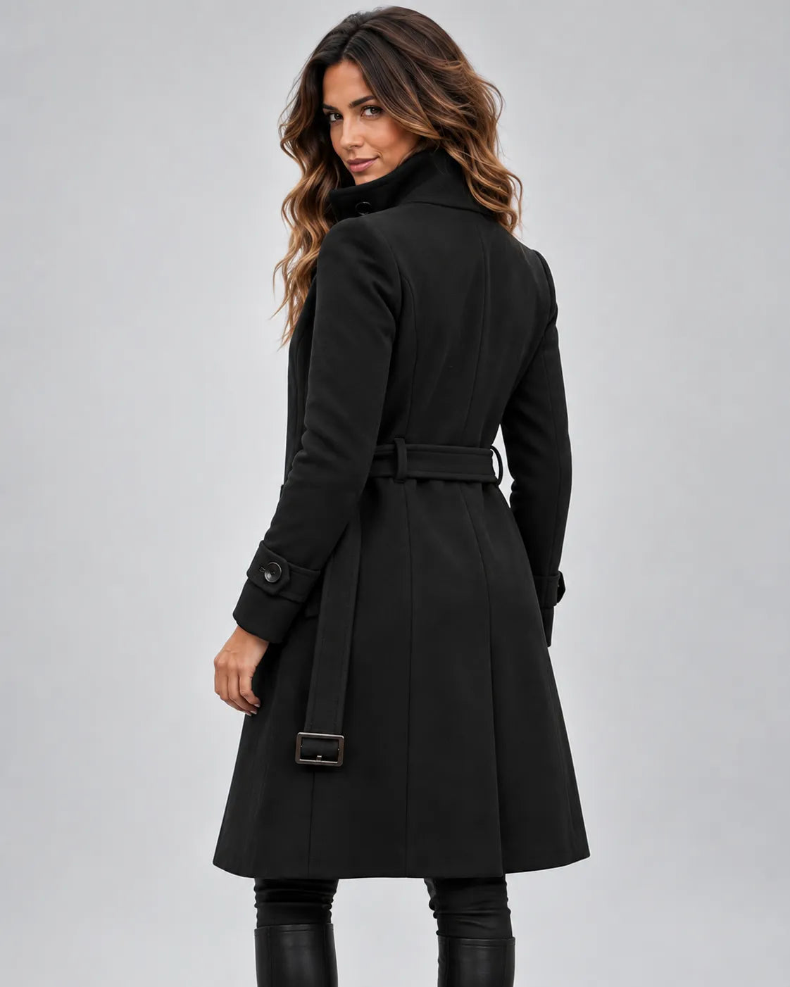 Women's Long Wool-Blend Coat with High Collar